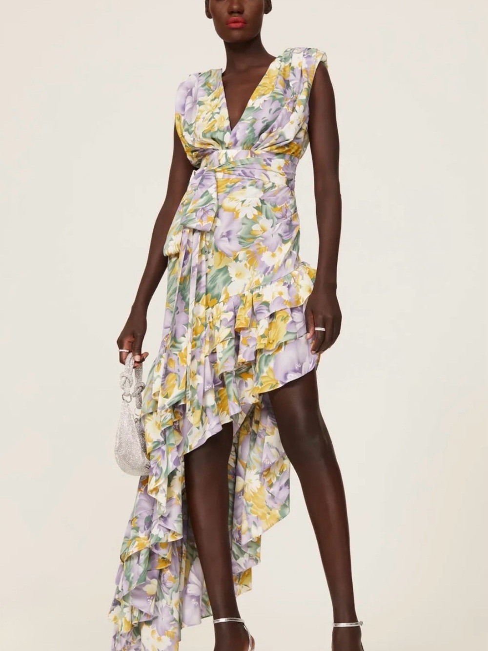 Bronx & Banco Narciss Floral Silk Blend Ruffle Maxi Dress M US 6